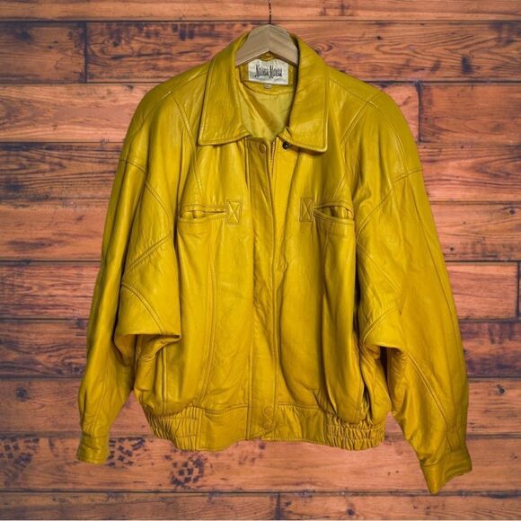 Neiman Marcus Mustard Yellow Leather Jacket Small - Picture 1 of 7
